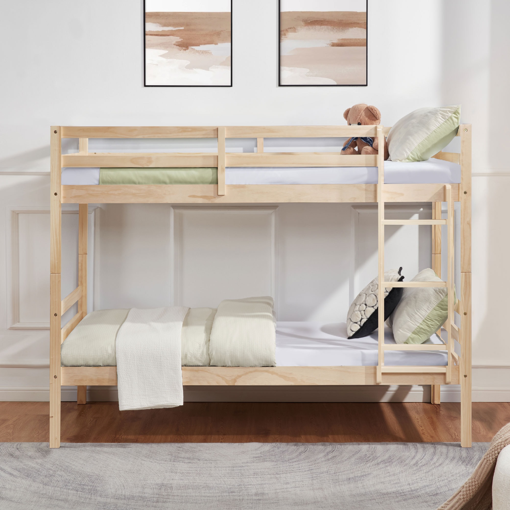 Twin over Twin Bunk Bed with Ladder,Wooden Bunk Bed with High Guardrail and Ladder for Kids, Teens, Dorm Rooms, and Guest Rooms,No Box Spring Needed,White Twin over Twin Bunk Bed with Ladder,Wooden Bunk Bed with High Guardrail and Ladder for Kids, Teens, Dorm Rooms, and Guest Rooms,No Box Spring Needed,White